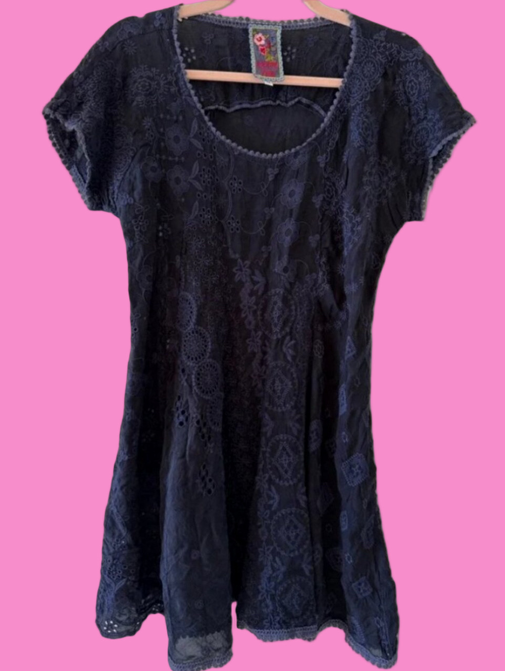 Vintage Johnny Was Navy Blue Embroidered & Eyelet Cupra Rayon Dress